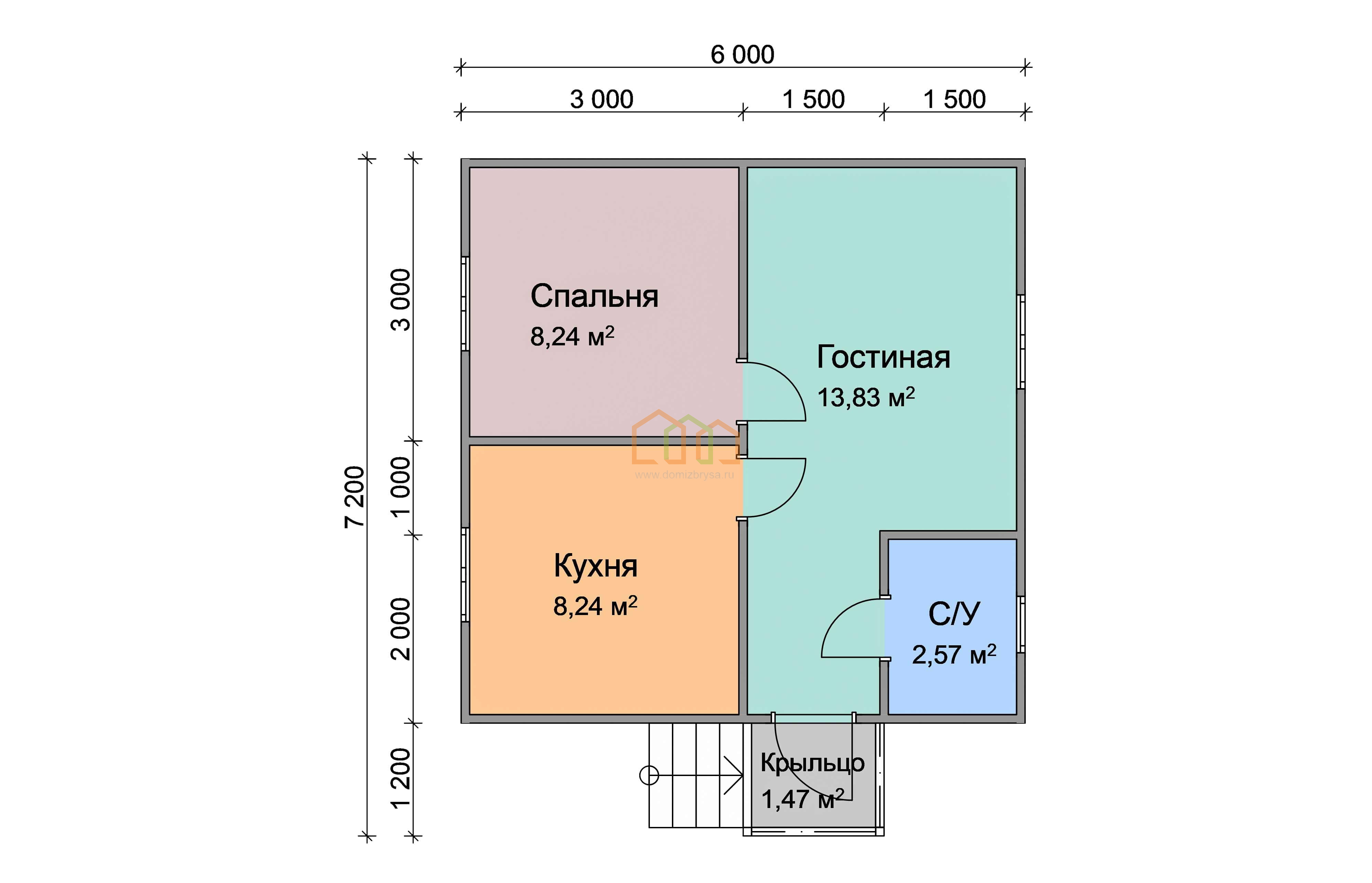 Дом из бруса одноэтажный 6х6 купить в Чаплыгине цена 819500, площадь: 39  м2, Брус 90х140 мм. с крыльцом